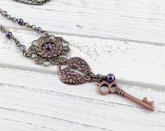 Copper Steampunk Necklace, Key Necklace, Steampunk Jewelry, Goth Necklace, Copper Necklace