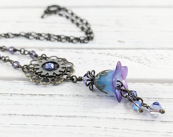 Purple Steampunk Necklace, Purple Flower Necklace, Lucite Flower Necklace, Steampunk Jewelry, Crystal Necklace