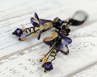 Purple and Gold Earrings, Lucite Flower Earrings, Stylish Earrings, Chic Earrings