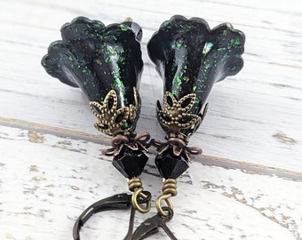 Goth Flower Earrings, Gothic Earrings, Green Earrings, Lucite flower Earrings, handmade earrings, cool earrings, statement earrings