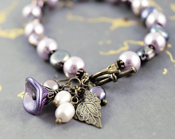 Purple Flower Bracelet, Purple Pearl Bracelet, Purple Bracelet, Beaded Bracelet