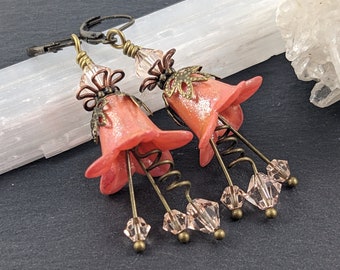 Peach Flower Earrings, Lucite flower earrings, Crystal earrings, handmade earrings