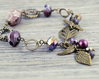 Pink Agate Bracelet, Amethyst Bracelet, Natural Stone Bracelet, Wire wrapped bracelet