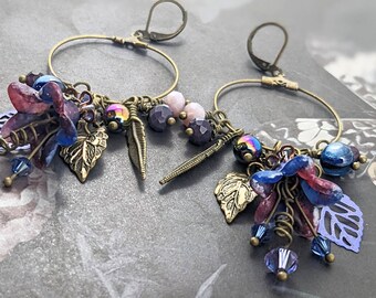 purple and blue earrings, Lucite flower earrings, beaded, charms, statement piece, handmade, gift for her, flower jewelry, boho, hippie