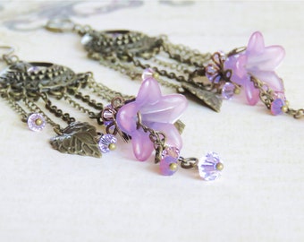 Purple Flower Earrings, Chandelier Earrings, Lucite Flower Earrings, Purple Earrings