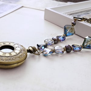 Purple and Blue Lariat Pocket Watch Necklace, Steampunk Necklace, Statement Necklace
