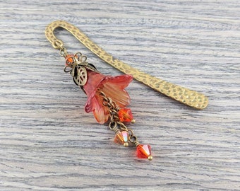 Orange flower bookmark, bookworm gifts, hand dyed