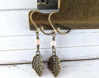 Pink leaf earrings, pink earrings, small earrings, fairy earrings