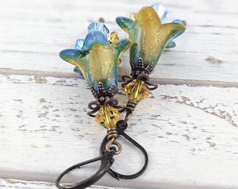 Picasso Painted Green and Gold Lucite Flower Earrings, Swarovski crystal earrings