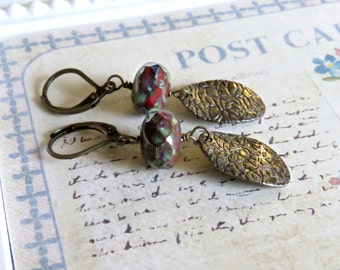 Vintage Style Burgundy Czech Earrings, Brass Stamped Earrings, Czech Beaded Earrings