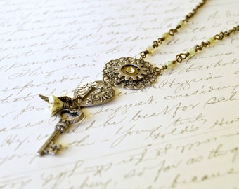 Steampunk Necklace, Vintage Style Necklace, Silver Key Necklace, Chic Green Necklace