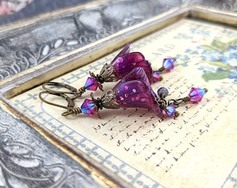 Purple Lucite Flower Earrings, purple flower earrings, purple earrings, brass earrings