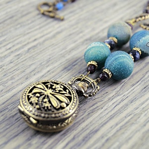 Turquoise Pocket Watch Necklace, Timepiece Necklace, Steampunk Necklace, Titanium Quartz Necklace