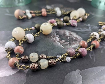 Beaded stone necklace, pink necklace, frosted agate necklace