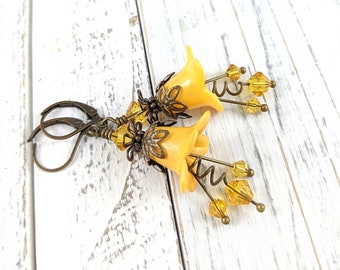 Yellow flower earrings, yellow Lucite flower earrings, fairy earrings, yellow earrings, brass earrings