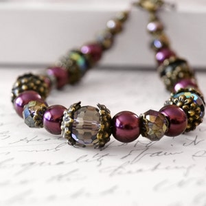 Crystal and Pearl Vintage Style Bracelet, Burgundy and Purple Elegance