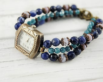 Watch Bracelet, Stone Bracelet, Sodalite Bracelet, Jade Bracelet, Blue Bracelet, wrist watch