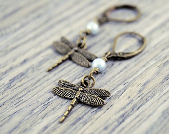 Blue Dragonfly Earrings, Vintage Style Earrings, Blue Earrings, Brass Earrings