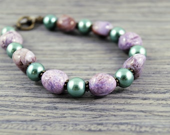 Purple Charoite Bracelet, Purple Bracelet, Pearl Bracelet, Beaded Bracelet