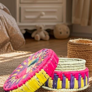 Multicolor Round Rattan Basket – Handmade Boho Storage for Home, Office, or Decor