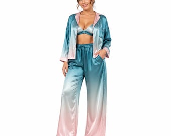 Satin Pajama Set Women, Silky Ombre Sleepwear, Button Down Loungewear