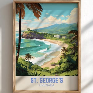 Może przedstawiać: Oprawiony wydruk artystyczny przedstawiający St. George's, Grenada, z widokiem na plażę z turkusową wodą, piaszczystą plażą i bujną zieloną roślinnością. Grafika ma styl vintage plakatu podróżniczego z tekstem "ST. GEORGE'S GRENADA" na dole.