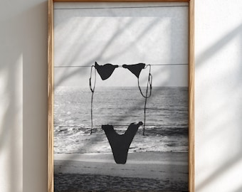 Bikini On Beach Clothesline Poster | Black and White Photography Print | Vintage Summer Wall Art | Retro Coastal Lifestyle Decor