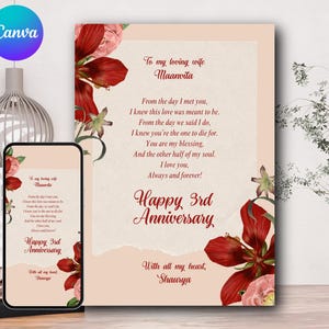 Modello di biglietto d'auguri per anniversario romantico / Poesia d'amore modificabile e stampabile su Canva / Download digitale / File in oro rosa