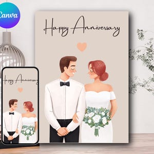 Modelo de Cartão de Aniversário Minimalista | Ilustração de Noivos | Cartão de Amor Editável para Imprimir no Canva | Download Digital | Arquivo Rose Gold
