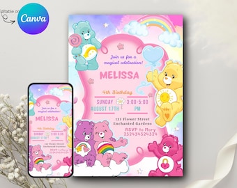 Editable Care Bears Birthday Invitation - Magical Pastel Rainbow Theme | Girl’s 4th Birthday Invite | Instant Download, Editable in Canva