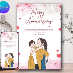 Plantilla ilustrada de tarjeta de aniversario para pareja / Saludo romántico editable en Canva / Descarga digital / Archivos en oro rosa