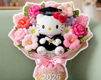 Ramo de peluches de gatos personalizados para graduación, cojín de recuerdo con nombre personalizado (Clase de 2026)