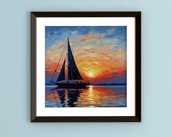 Sonnenuntergang und Nautik thematisch impressionistischer Stil Malerei Wandkunst von Segelboot bei Sonnenuntergang auf dem Wasser - Digital Wand Kunst Druck
