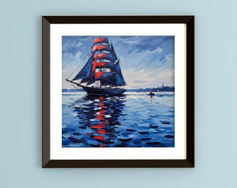 Maritimer impressionistischer Malstil Kunst eines Segelboots auf dem Wasser mit roten und blauen Primärfarben - Digitaler Kunstdruck