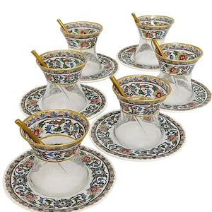 Turkish Tea Glass Set of 12 with Gilded Rim & 6 Porcelain Tile Pattern Plates | Ottoman Style Tea Set | Gift for Tea Lovers