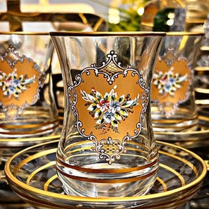 Turkish Tea Glass Set Gold Gilded Tea Set Espresso Cups Turkish Coffee Cups and Saucers