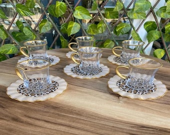 Luxury Turkish Tea Set: Gold Rim Glasses, Leopard Saucers