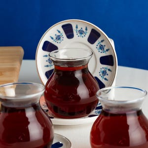 Set of 6 Turkish Tea Glasses with Saucers, Traditional Tulip Shape 130ml, Ottoman Style Red & Blue Pattern Tea Set
