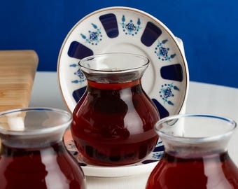 Turkish Tea Set: Tulip Glasses with Red & Blue Saucers, Ottoman Style