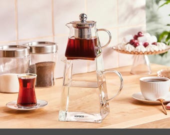 Borosilicate Glass Teapot Set, Silver Stainless Steel Infuser, 600ml + 1500ml Turkish Style Teapot, Induction & Non-Induction Options