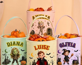 Gepersonaliseerde seersucker Halloweenmand, op maat gemaakte snoepzak, snoepemmer met kinderportret, Halloween snoepzak met naam, Halloween cadeau