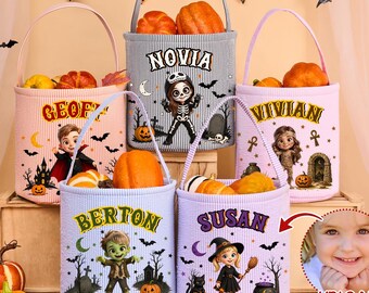 Gepersonaliseerde Halloweenmand met portret, op maat gemaakte snoepzak van seersucker, snoepemmer met ruitjespatroon, Halloweenmand met kinderfoto, snoepzak met heksenthema