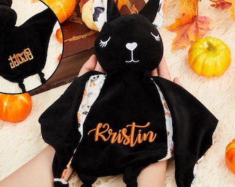 Gepersonaliseerde Halloween babyvleermuis knuffeldeken, Halloween babyshower knuffeldeken met vleermuismotief, pluche babydeken, speelgoed voor pasgeboren baby's, babyvleermuis knuffel.