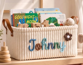 Gepersonaliseerde voorleesmand, op maat gemaakte opbergmand voor een babyshower, gehaakte mand met naam voor boeken, 'Nog één verhaaltje', babyshowercadeau, boekenorganizer voor kinderen