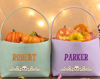 Aangepaste Halloween-traktatietas met naam – Trick or Treat-mand, gepersonaliseerde snoeptas, Halloween-mand voor jongens en meisjes, Halloweencadeau