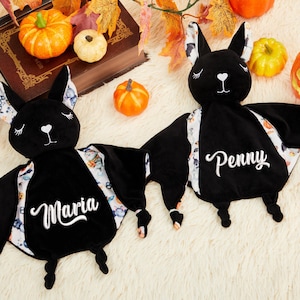Halloween Gifts Personalized Bat Baby Blanket  Embroidered Baby Name comforter Plush Bat Security Blanket Lovey Baby Shower Gifts Baby Gift
