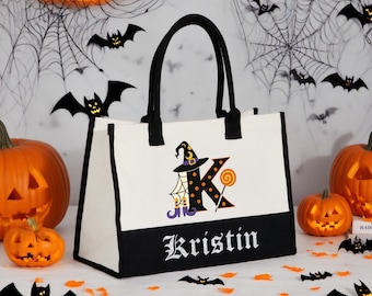 Trick or Treat Halloween-tassen voor kinderen voor meisje of jongen, gepersonaliseerde Halloween-mandemmer, Trick or Treat-snoepzakjes met spook of zwarte kat