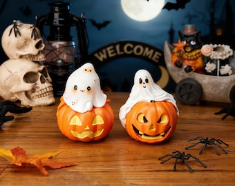 Halloween Ghost Figurine,Spooky Resin Statue,Cute Pumpkin Ghost Girl,Cute Halloween Ghost Mini Figurine for Desk,Spooky Tabletop Decoration,