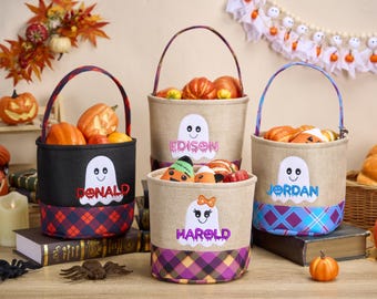 Cubo de Halloween personalizado, bolsa de dulces, cesta de Halloween bordada con nombre, regalo de Halloween para niños, bolsa de mano, bolsa de cubo de dulces