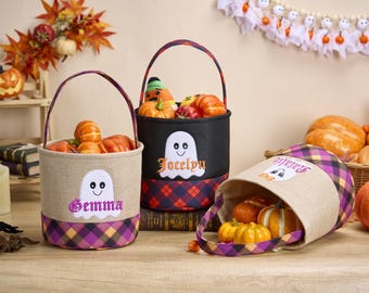 Gepersonaliseerde Trick or Treat-tassen voor meisje of jongen, aangepaste Halloween-snoeptas of emmer voor kinderen met spook of zwarte kat of spin